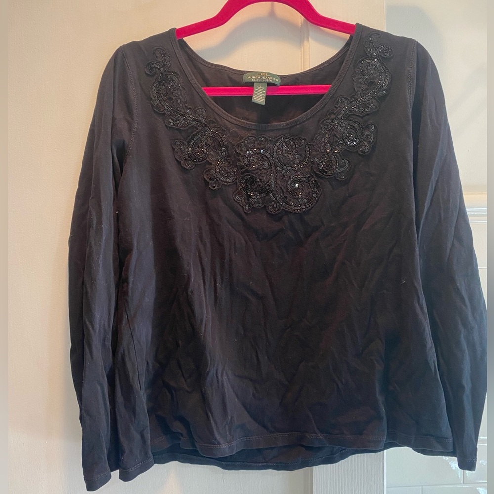 LRL Lauren Jeans Co.- Long Sleeve Scoop Neck Top with Bead Detail, Black, Size L